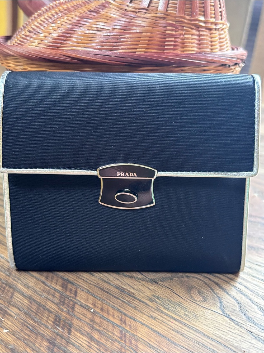 Prada Black Nylon Metallic Leather Wallet Made in Italy